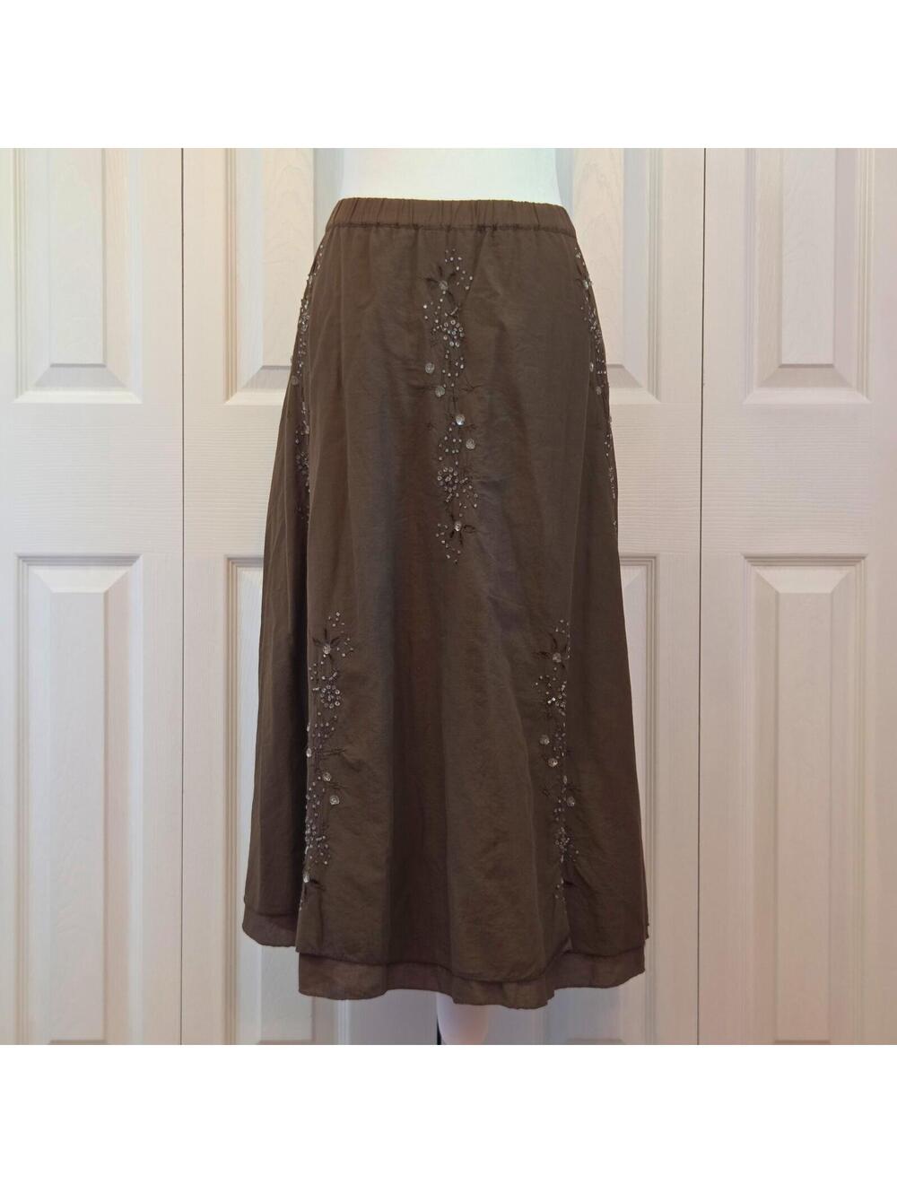 Vintage Y2K Brown Beaded Midi Skirt Size M Fairy Boho Cottage Floral Embroidered